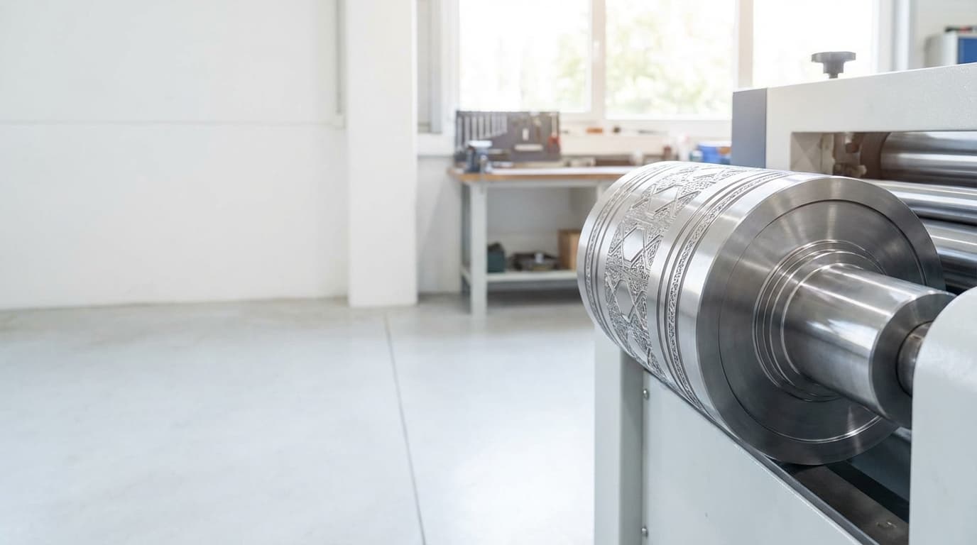 Precision steel embossing roller in a bright factory environment