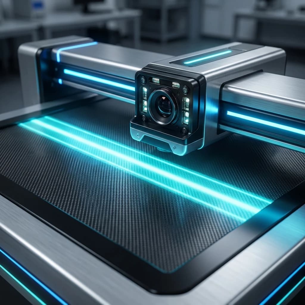 3D flatbed precision laser scanner capturing a textured material surface