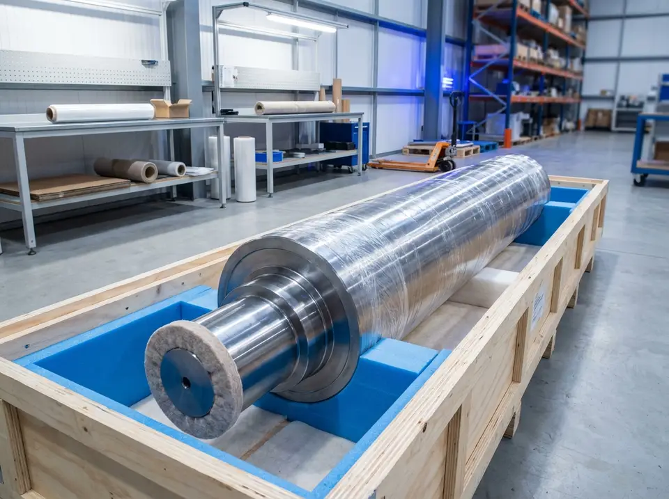 Finished ancillary roller secured in packaging ready for delivery