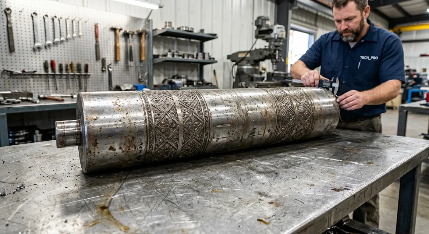 Technician assessing a worn embossing roller on an inspection bench