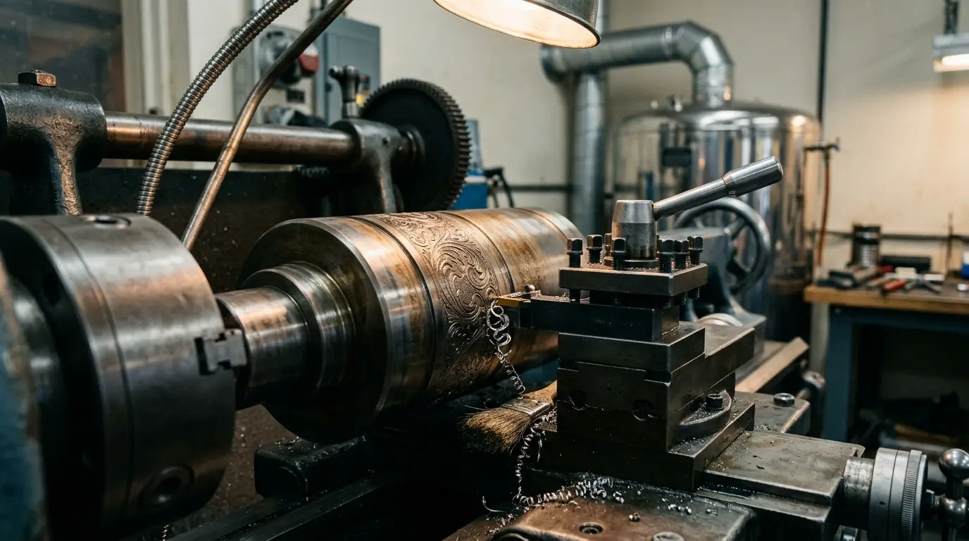 Embossing roller undergoing repair and refurbishment in workshop