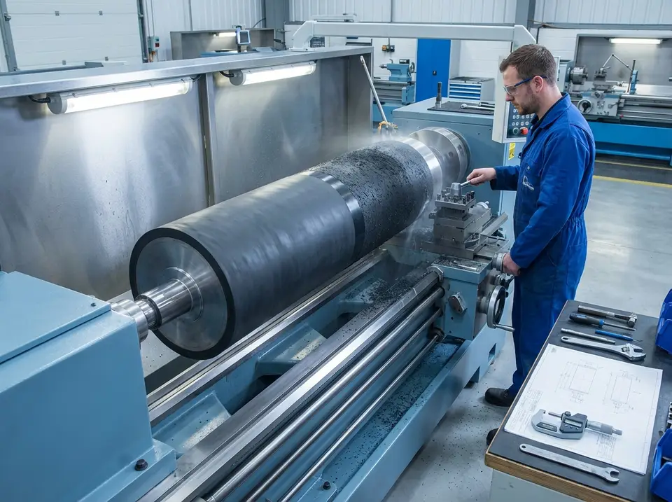 Ancillary roller undergoing manufacture or refurbishment on the line