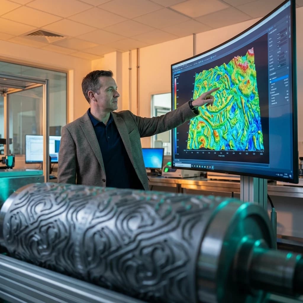 Precision scanning expert reviewing digital surface data with an embossing roller in the foreground